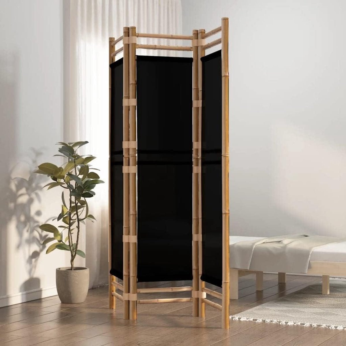 Opvouwbare kamerdivider van natuurlijk bamboe in zwart, breedte: 120 cm