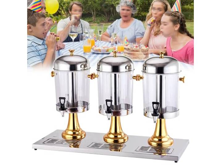Usknxiu Kommerzieller Saftspender, 24 l, dreiköpfiger Getränkespender aus klarem Glas mit Zapfhahn, Getränkespenderbehälter zum Servieren von kalten Getränken, Cocktails, gekühlten Erfrischungen,Gold