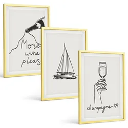 BILDER SET 3er Set - 40x60 cm Goldrahmen - Weinsegelboot-Glas-Linienzeichnung