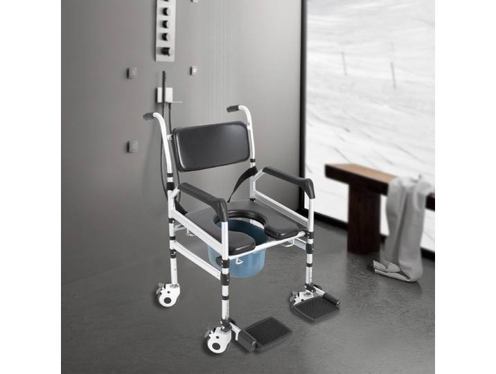 Chaise de douche avec roulettes 3 en 1, chaise roulante de douche pliable en hauteur, chaise roulante Commode avec repose-pieds rabattables