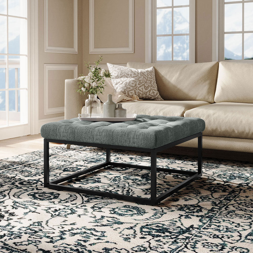 Latitude Run 84 cm W Linen Tufted Square Ottoman Grey 46cm H X 84cm W X 84cm D