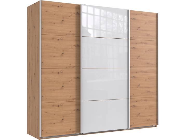 Schwebetürenschrank, Braun/Weiß, 225x210x64 cm, Spanplatte, Mit Glastür & 2 Stoffboxen, Modern, Wimex