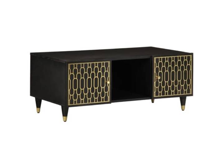 LASWWQMRF Couchtisch Massivholz Mango 100x54x40 cm mit Tür Schwarz Handgeschnitzter Sofatisch fürs Wohnzimmer aus echtem Holz mit Stauraum und stabilen Beinen aus Eisen.