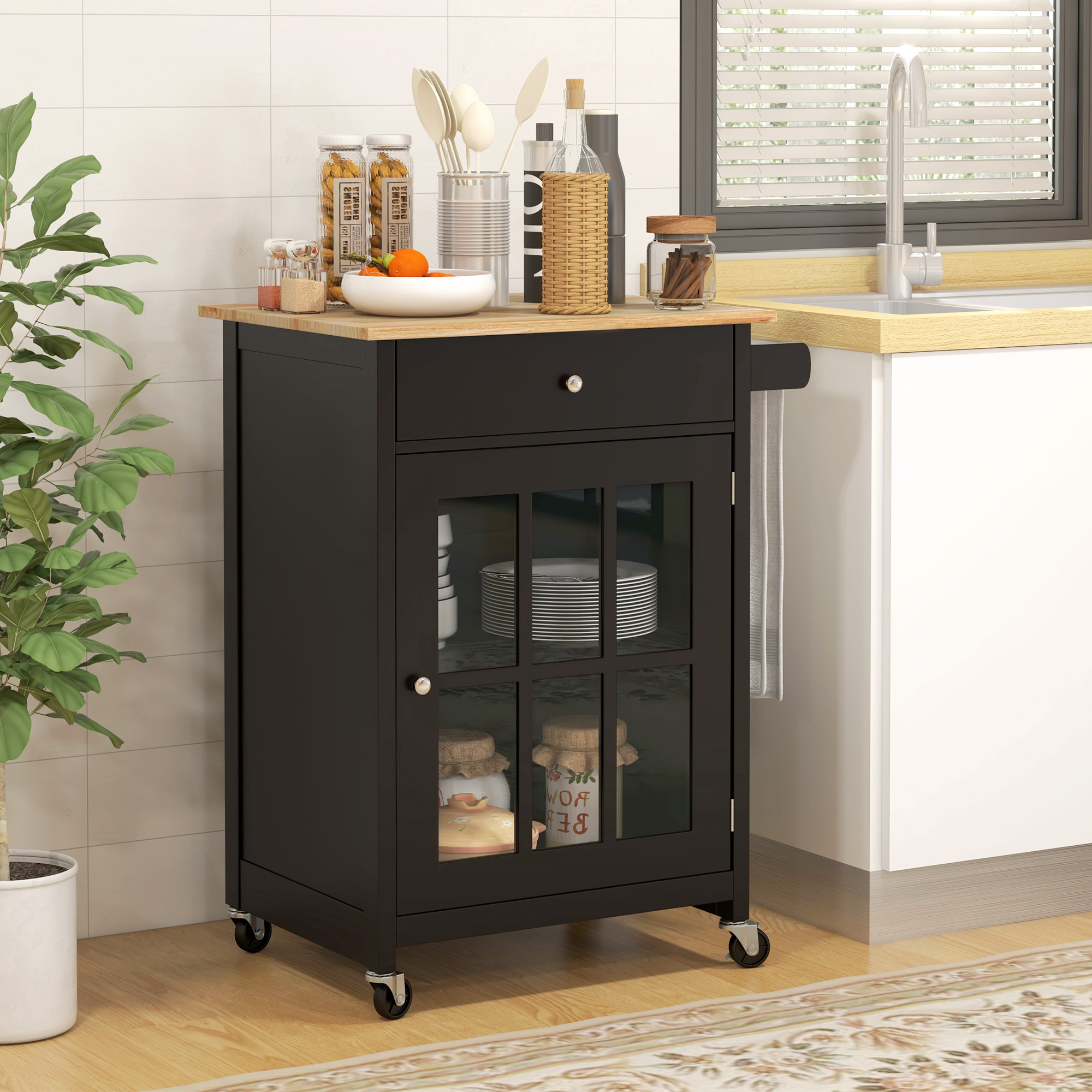 Homcom Carrello Cucina Portafrutta con Ruote Cassetti e Armadietto Regolabile, Antina in vetro e Portasciugamani, in Legno, Nero e Rovere Aosom Italy