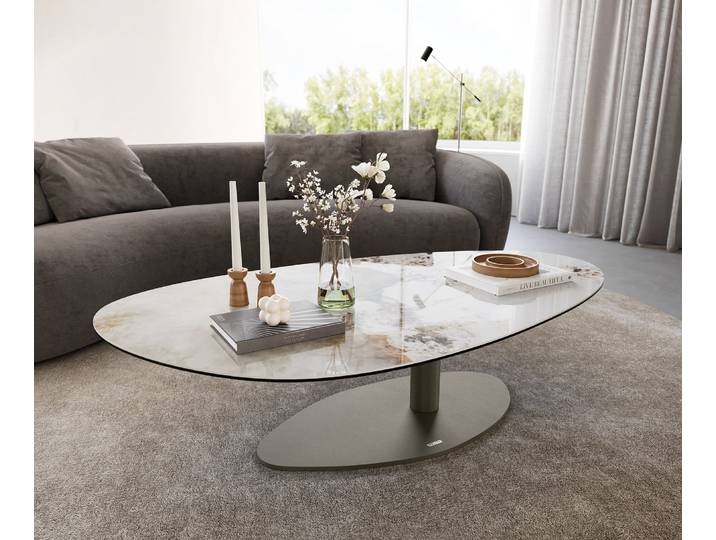 Couchtisch Edge Oval 140x75 cm Keramik Minas Melange Vibany Metall Effektfinish Titan, Couchtische