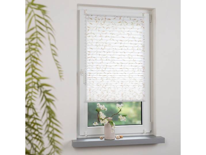 Plissee LIEDECO Klemmfix-Plissee verspannt, Druck Blätter , beige (weiß, beige), B:55cm H:130cm, Plissees, Plissee, Bedrucktes Plissee mit Blattmotiv