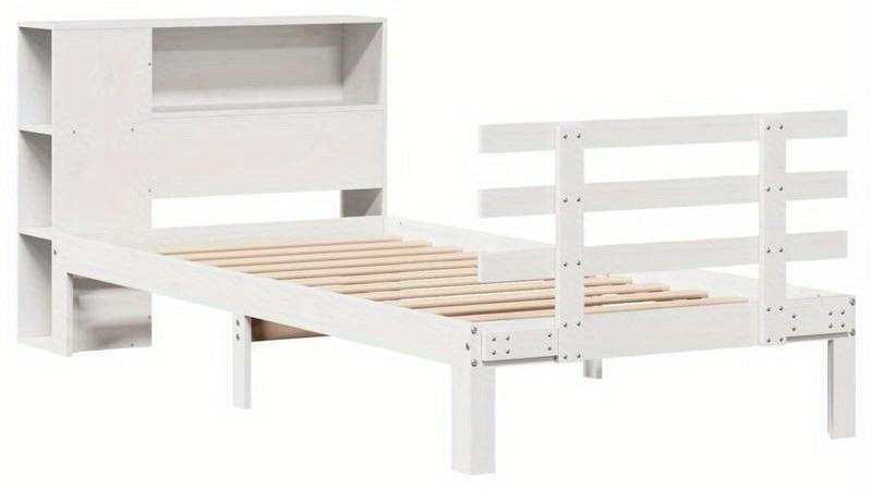 Bett mit integriertem Bücherregal und Stauraum, platzsparend, aus massivem Kiefernholz, Matratze 90x200 cm