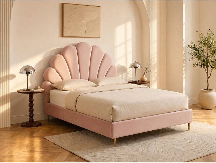 Bett mit Kopfteil in Muschelform 120 x 190 cm - Samt - Rosa LIVAYA