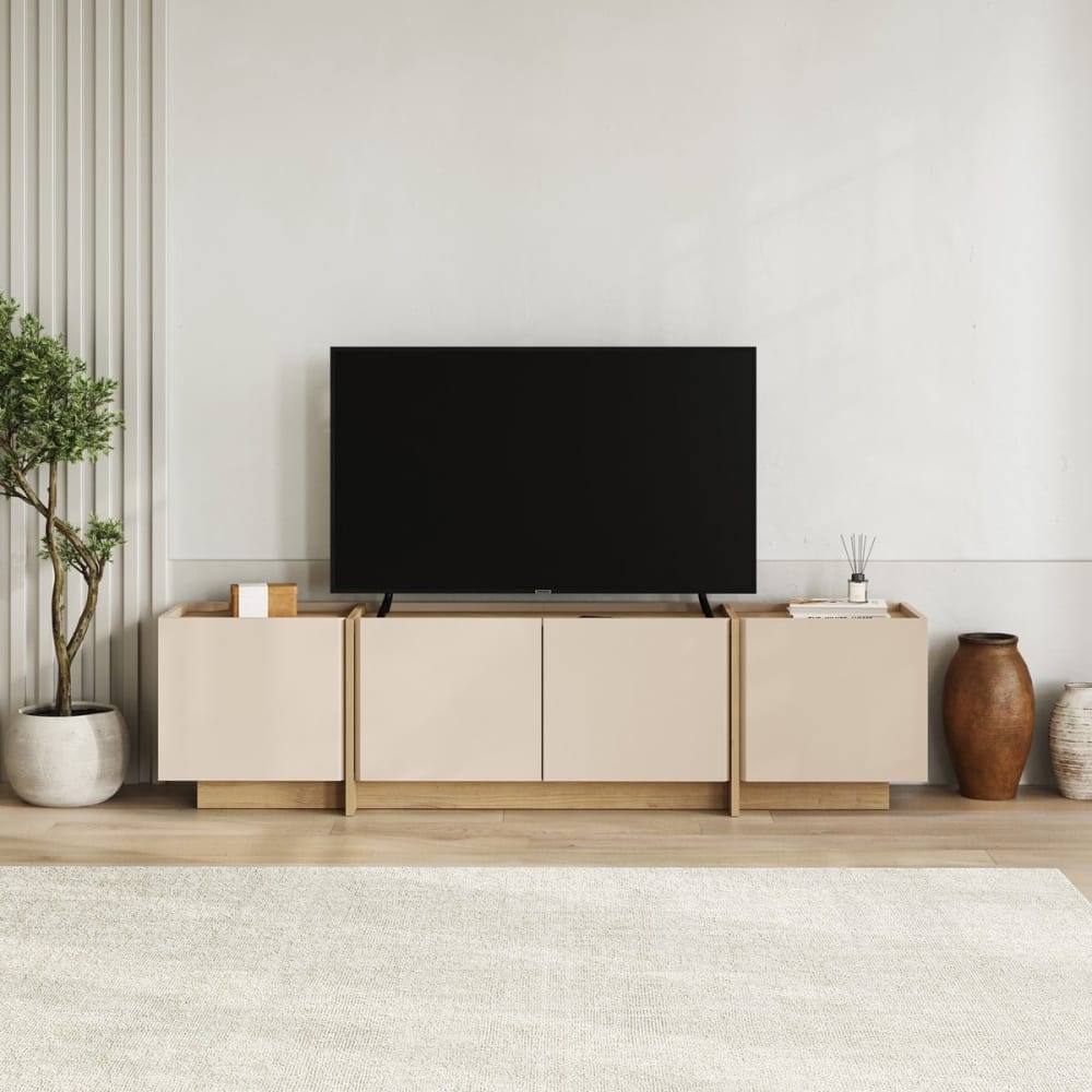 Calicosy Meuble tv 4 portes décor cachemire et chêne l180 cm Beige 180x46x35cm