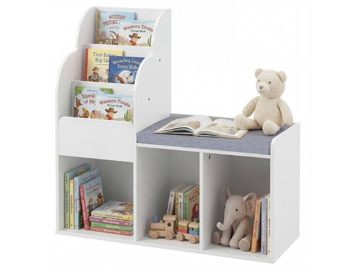 Kinderboekenkast met Zitbank Boekenkast met 3 Planken en 3 Open Vakken Vrijstaande Kinderboekenkast met Kantelbeveiliging