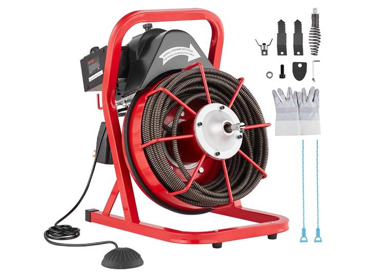 VEVOR Machine de nettoyage de tuyaux 75 pieds x 1/2 pouce\, spirale d'égout à alimentation manuelle\, machine électrique de nettoyage de tuyaux 370 W avec 4 coupeurs et pédale deactivée par l'air