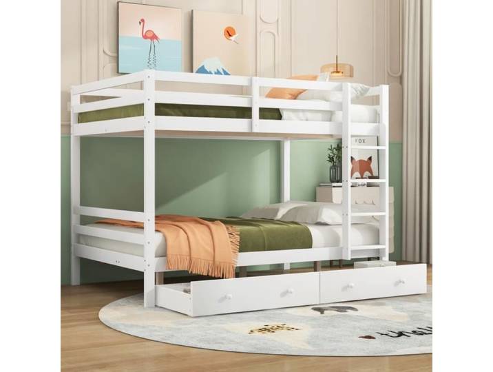 Lits Superposés - 140x200cm - Avec Tiroirs - Espace de Rangement - Garde-corps Hauts
