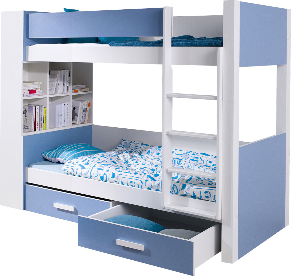 MIRJAN24 Etagenbett Gaspar 80, Jugendbett mit Bettschubladen, Stilvoll Hochbett (Weiß / Blau, Größe: 80x180, Seite: Rechts)