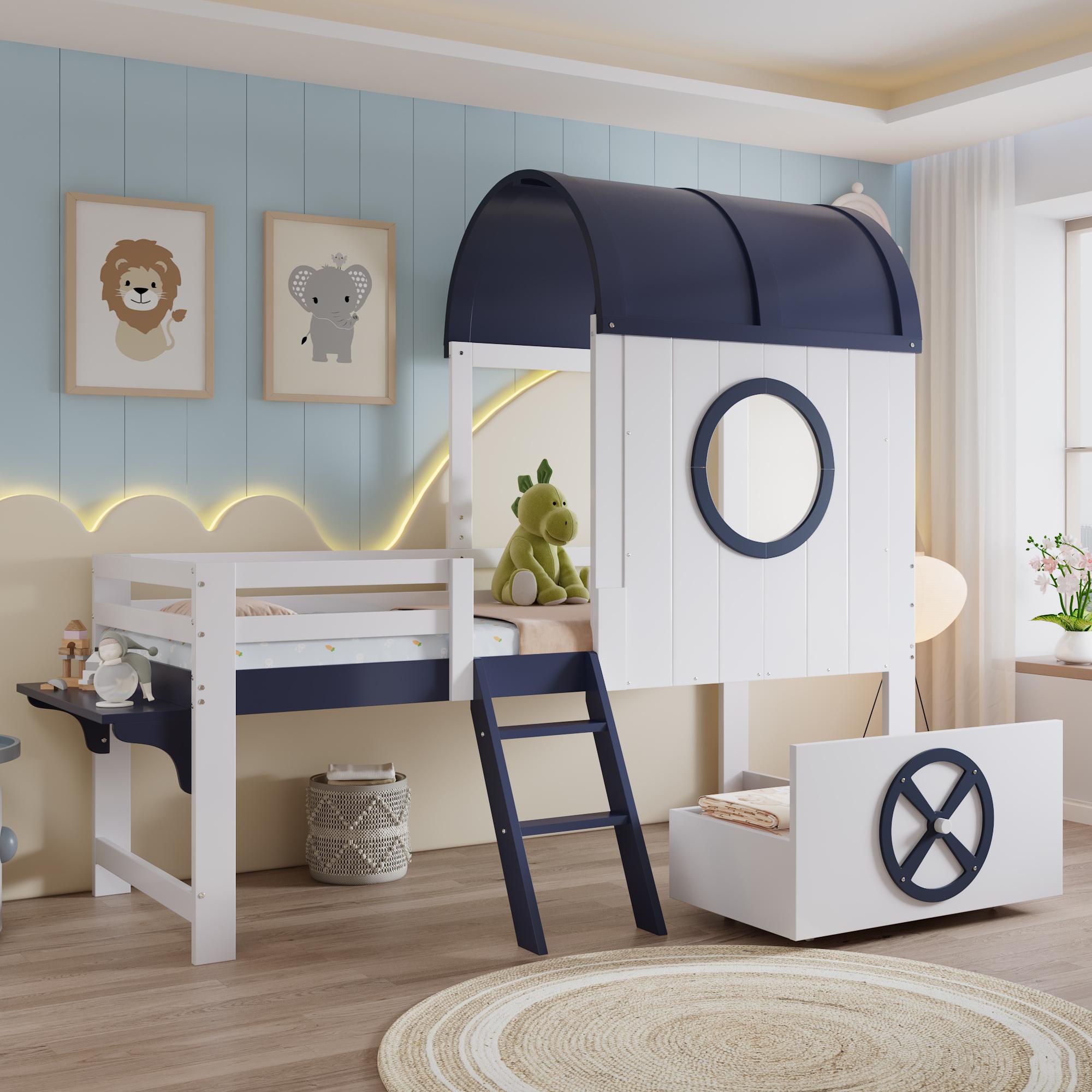 AIORBER Halbhohes Kinderbett mit Dach und Fenster, Schublade mit Rollen, zweistufige Schrägleiter, Hausbett 90x200cm - Weiß+Dunkelblau