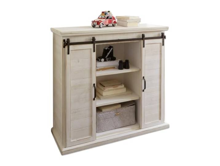 Loberon Kommode Perrin, antikweiß Highboard, Mit Details aus Eisen, Edler Landhaus-Stil, Dekorative Latten-Optik
