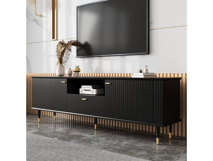 Meuble TV élégant avec 1 tiroir et 2 portes Compartiments ouverts Surface texturée peinte Noir 170x36x54.5cm