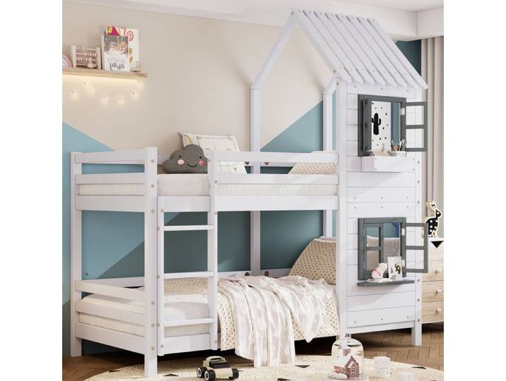 Lit superposé enfant 2 places 90x200cm lit enfant avec sommier et fenêtre Lit cabane avec rangement cadre pin blanc