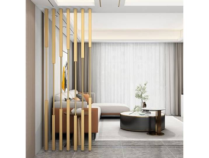 Moderner Sichtschutz, Trennwand, Raumteiler, Stange für Wohnzimmer, Studio-Apartment, 5/8 Stück goldene Metall-Eisenlatten, Paravent, anpassbare Größe(5pcs-B,240cm/94in/7.9ft)