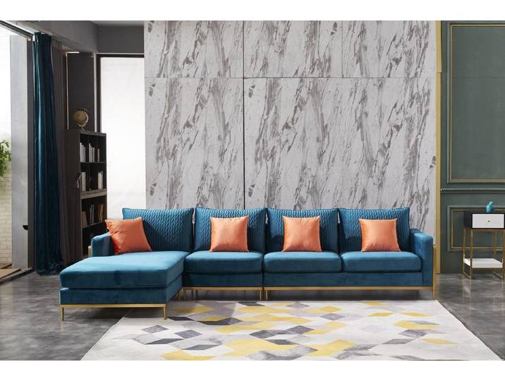 JVmoebel Ecksofa Blaues Leder-Ecksofa mit goldenen Edelstahlfüßen und Kopfkissen, Made in Europa