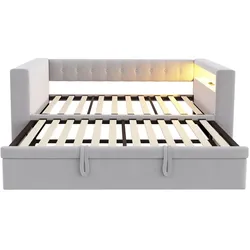 MODFU Schlafsofa Flanellstoff hellgrau 90/180x190 cm, mit LED-Beleuchtung, Steckdose und Armlehnen-Stauraum