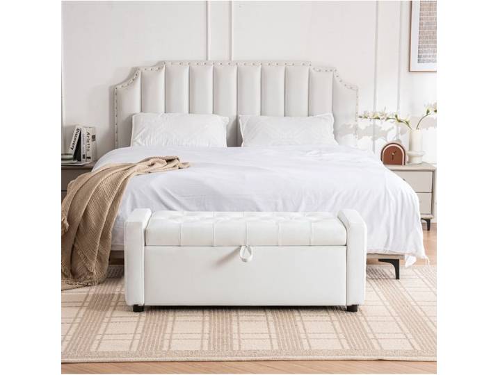 Modenuit Banc de rangement rectangulaire simili PU blanc capitonné 122 x 45 x 47 cm