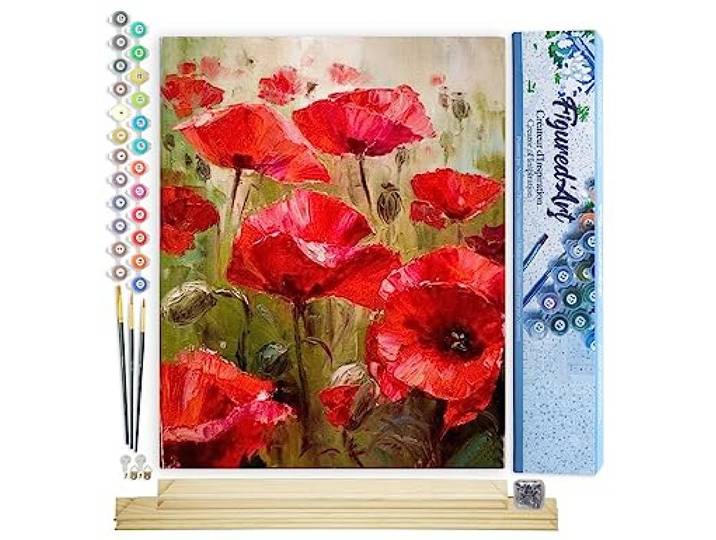 Figured'Art Schilderen op Nummer Volwassenen canvas Veld met klaprozen - Handwerk acrylverf Kit DIY Compleet - 40x50cm met DIY houten lijst