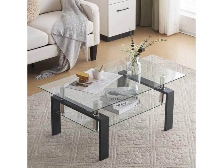 Table Basse Verre Trempé Rectangulaire 100 x 60 x 43cm pour Stockage avec Etagère Inférieure Design Multifonctionnelle Noir