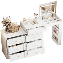 Schminktisch Weiß 105x40x80 cm drehbar mit LED-Beleuchtung, 7 Schubladen, offene Ablage, Goldgriffe, Makeup Tisch, klappbar, verstellbar