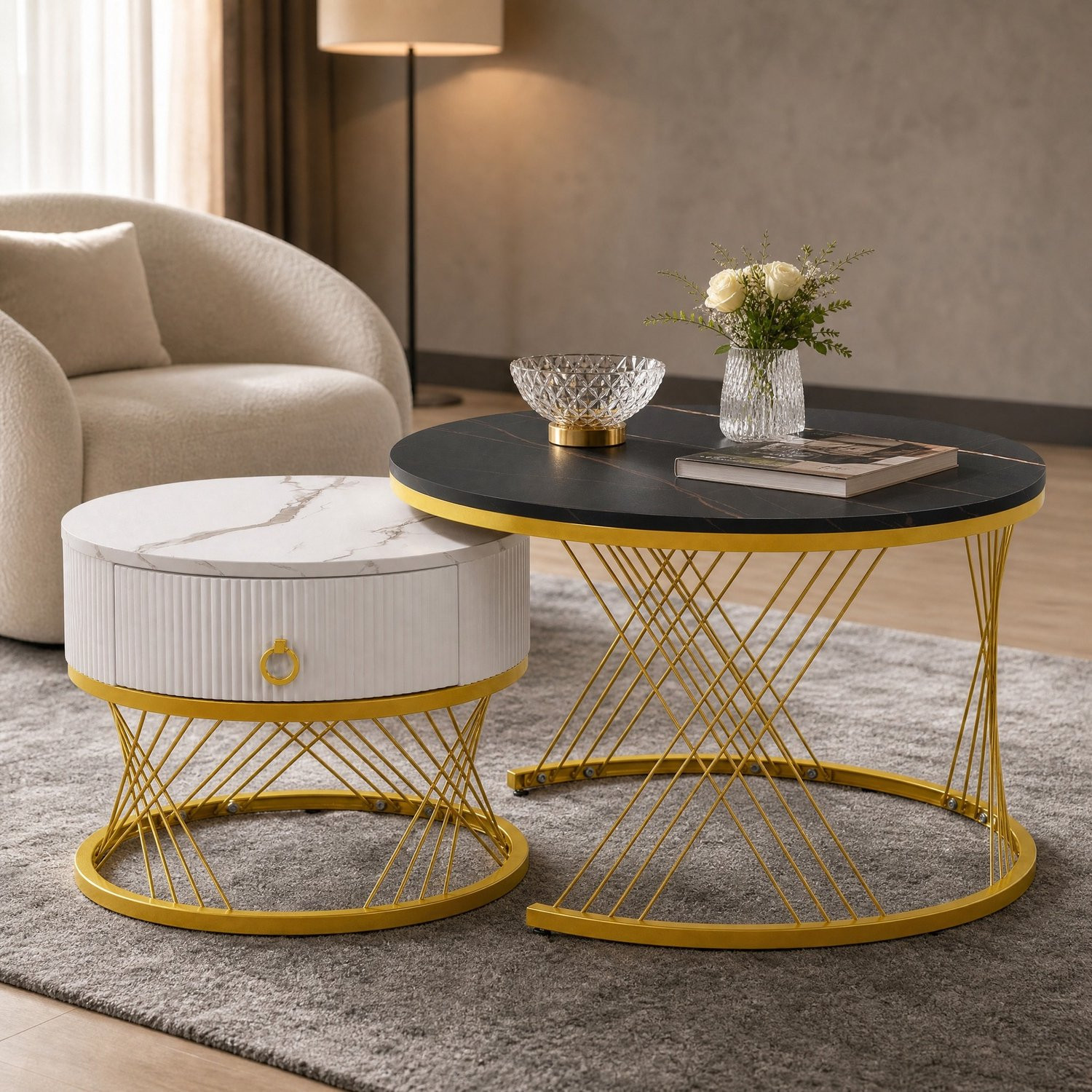 Maisentiel 2-delige salontafelset met nested tops, marmerlook, zwart/wit/goud, B/D/H: 70 x 70 x 45 cm