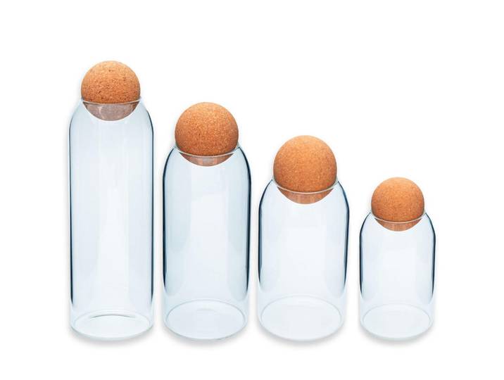 Intirilife Aufbewahrungsbehälter Set mit Kork-Kugel (4-tlg.), Transparent, Glas, 9x29x9 cm, Küchenzubehör, Vorratsbehälter, Vorratsdosen