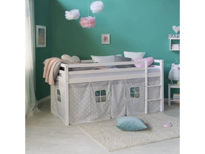 Homestyle4u Hochbett 90x200 Weiß mit Lattenrost & Matratze - Kiefer