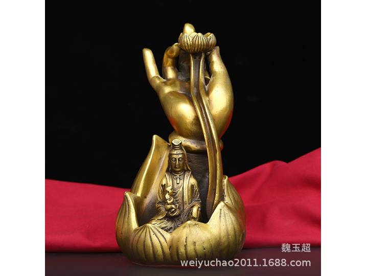 Brûleur d'aromathérapie d'intérieur en cuivre pur à reflux, main de bouddha, encens en bois de santal Guanyin B