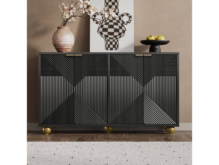Buffet Bas - 4 Portes Motif Géométrique avec Pieds Boule Dorés - Bahut Moderne - Noir - MERAX