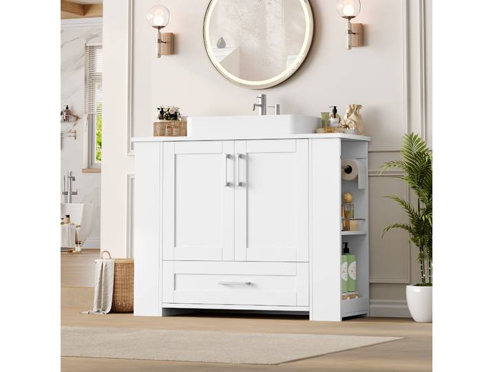 Getone Meuble sous Lavabo, Meuble de Rangement pour Salle de Bain, avec 5 Étagère, 2 Portes, 1 Tiroir, Blanc 80x30x63.5cm