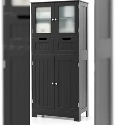 COSTWAY Badezimmerschrank mit 2 Schubladen und 4 Türen, Badezimmerschrank mit verstellbaren Einlegeböden (schwarz)