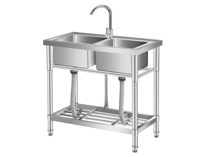 Garvee Edelstahl Spültisch 84x46 x76CM, Freistehende Küchenspüle 2 Becken Gewerbliche Spülbecken Mit Wasserhahn Kalt Und Warmwasserschläuchen, Für Waschküche Outdoorküche Gastro Geschäft