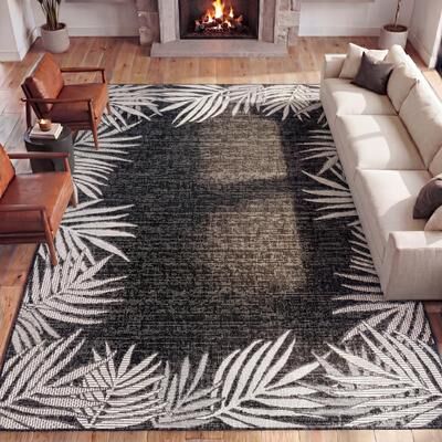 JONATHAN Y Isla Coastal Cottage Palm Frond Border Indoor/Outdoor Rug