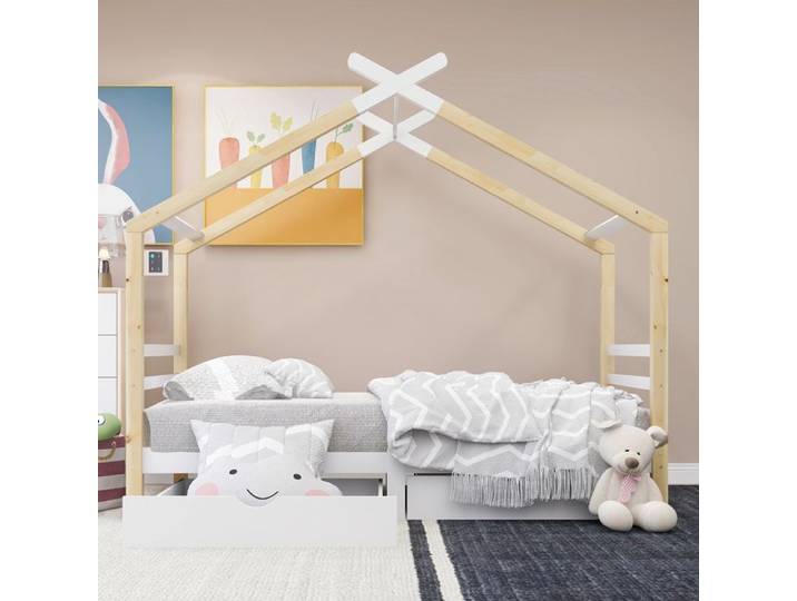 Lit pour enfants 90x200cm avec tiroirs bois massif avec ardoise chambre pour enfants et jeunes blanc + couleur bois