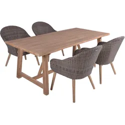 Garden Pleasure Gartenmöbel Set OAKLAND / PUEBLO, Tisch 200 x 100 + 4 Sessel, Akazie / Polyrattan Anisbraun / Kissen 100 % Polyester Taupe