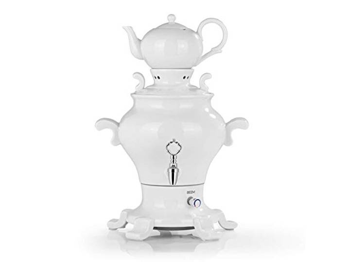 BEEM ODETTE BLANC Samowar - 5 l Porzellan 1800 W 1 L Teekanne mit Sieb Edelstahl 5 L Heißwasserspender Türkischer Teekocher weiß Zapfhahn