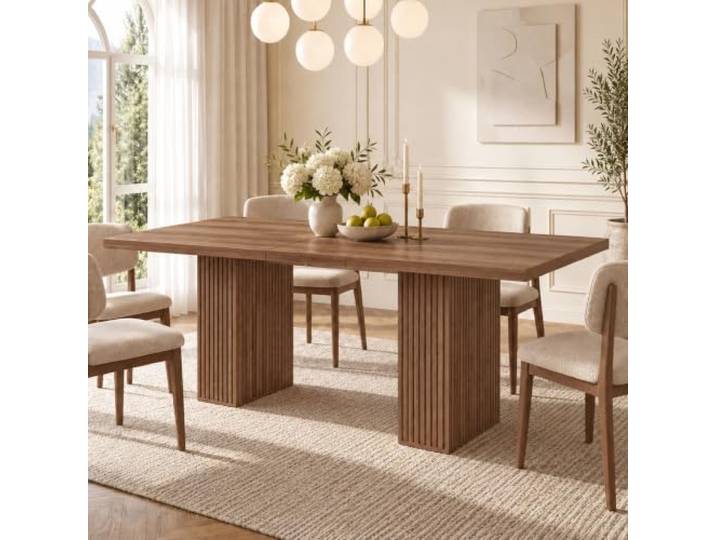 Ausziehbarer Esstisch 150/190 x 90 cm, 6–8 Personen - Walnuss Ausziehbarer Esstisch 150/190 x 90 cm für 6–8 Personen mit Stauraum, 2 Schränken und Rillendesign