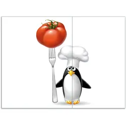 Wallario Herdabdeckplatte 60 x 52 cm (BxH), 2-teilig Pinguin Koch