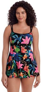 Empire Princess Seam Swimdress by Longitude in Midnight Plumeria Black Multi (Size 20)