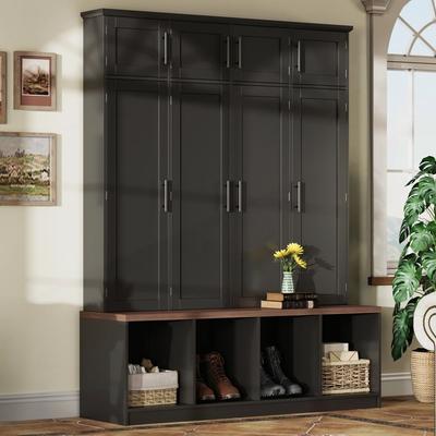 Farmhouse Hall Tree ersatile Walnut Seating Bench with 8 Doors