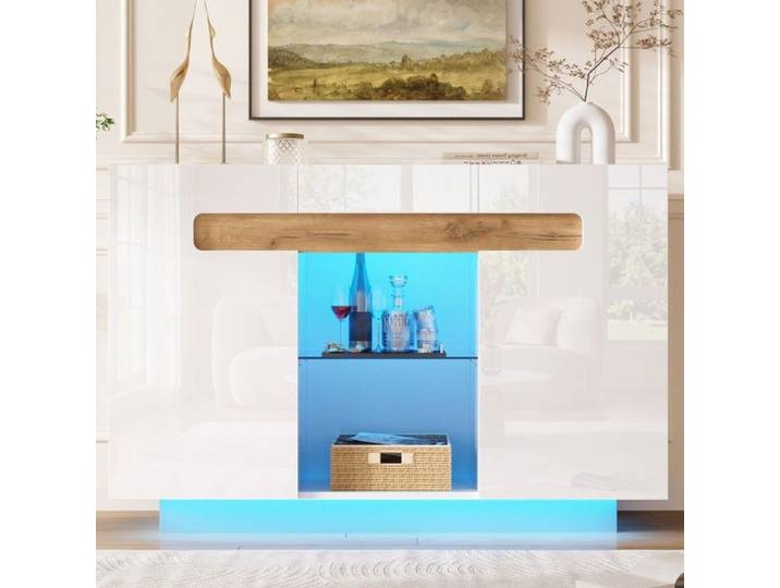 Buffet 120×40×80cm LED façades laquées rangement ouvert 4 étagères style bois blanc meuble salon cuisine