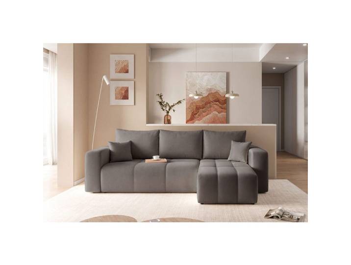 Canapé d'angle Réversible PEDRO - 4 places - Canapé Convertible avec Coffre - Tissu Velours - Gris foncé
