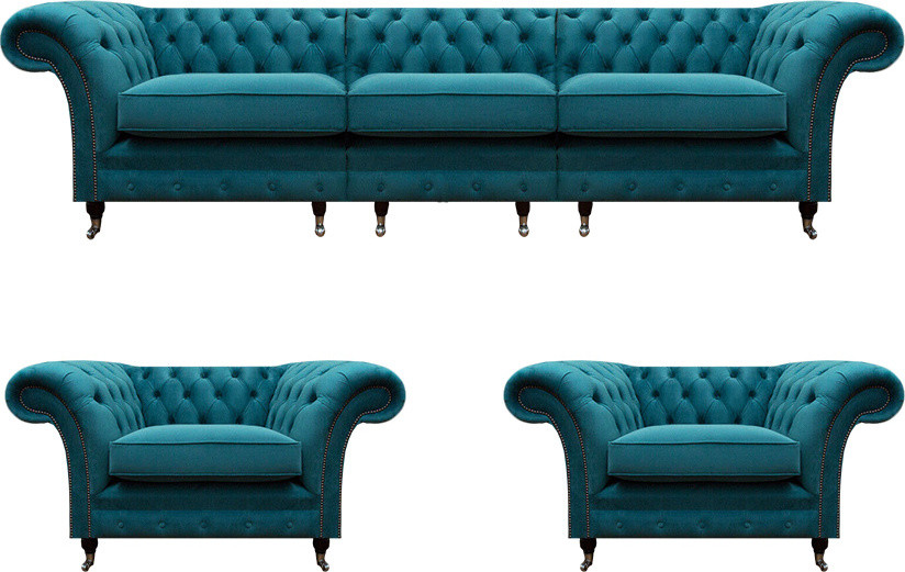 Luxus Blau Designer Chesterfield Stoffen Woonkamer Meubelset