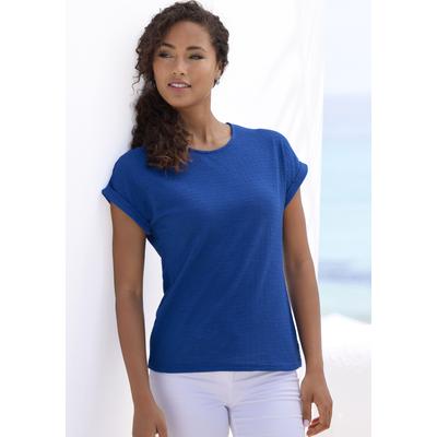 T-Shirt VIVANCE "mit modischer Struktur", Damen, Gr. 40/42, blau (royalblau), Strick, Obermaterial: 65% Polyester (REPREVE), 35% Baumwolle, Strukturmuster, unifarben, Basic, bequem, Rundhals, mit Aufschlag Aufschlag, Shirts T-Shirt, aus bügelfreier...