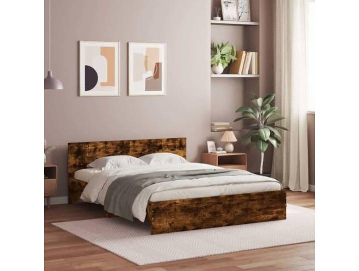 RJPLMFV Bettgestell, 140 x 200 cm, Raucheiche, ohne Matratze Mit Kopfteil, Lattenrost inklusive, robustes Holz