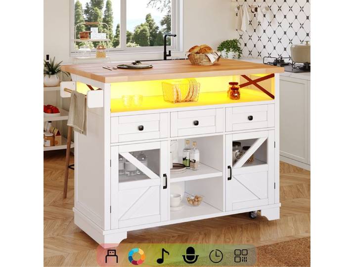Îlot de cuisine multifonctionnel avec éclairage LED et table rabattable desserte mobile équipée de trois tiroirs et de deux portes